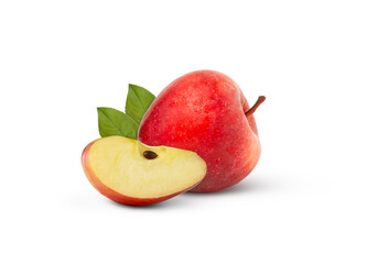 Whole red apple and a cut isolated with leaves