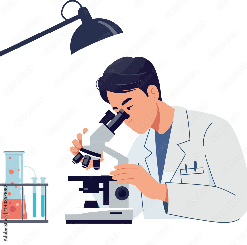 Poster scientist examining samples through a microscope in a minimal and clean laboratory vector illustrati
