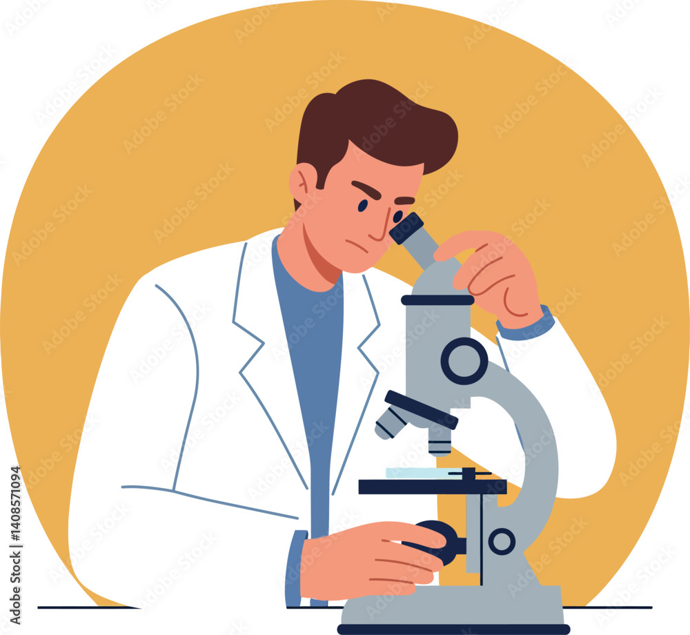 Poster scientist examining slides at a microscope in a flat vector illustration