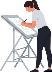 Fototapeta premium A woman drawing on a drafting table in a minimal style vector illustration