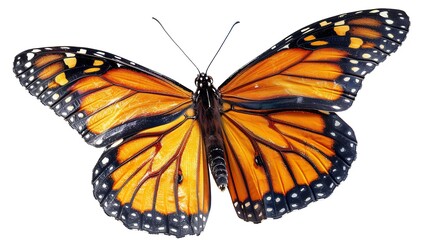 Fototapeta premium Monarch butterfly soaring vibrant orange black wings detailed soft motion blur delicate antennae visible isolated on a white background