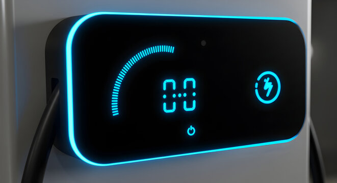 Electric Vehicle Charging Station Display With Neon Blue Light Indicators Close Up