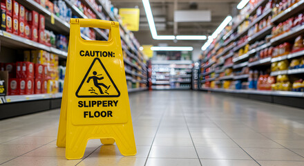 Caution Sign Of Wet Floor In Supermarket Aisle For Customer Safety