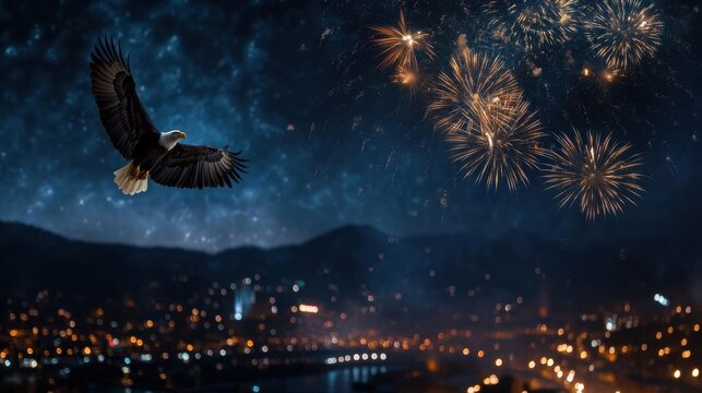 Bald eagle soaring with fireworks over city at night
