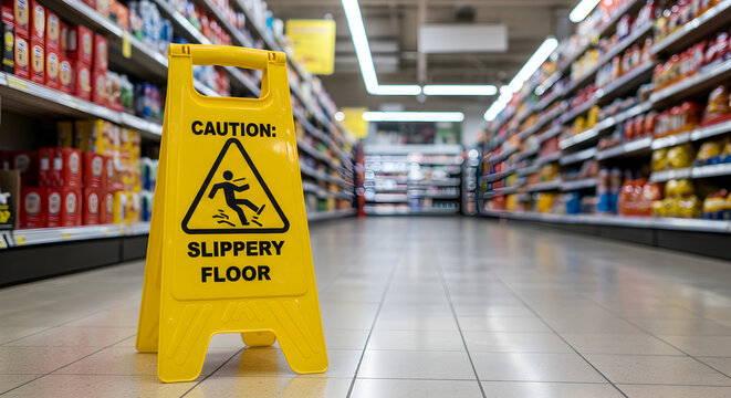 Caution Sign Of Wet Floor In Supermarket Aisle For Customer Safety