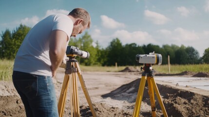 Surveyor analyzing land at a construction site. Featuring accuracy and precision