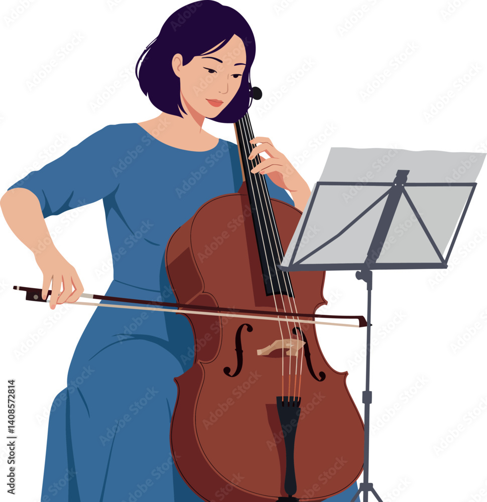 Poster a woman playing a cello in a serene setting with minimalistic design vector art