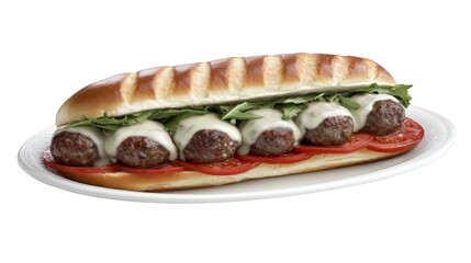 Delicious Meatball Sandwich On A Plate With Fresh Vegetables Isolated