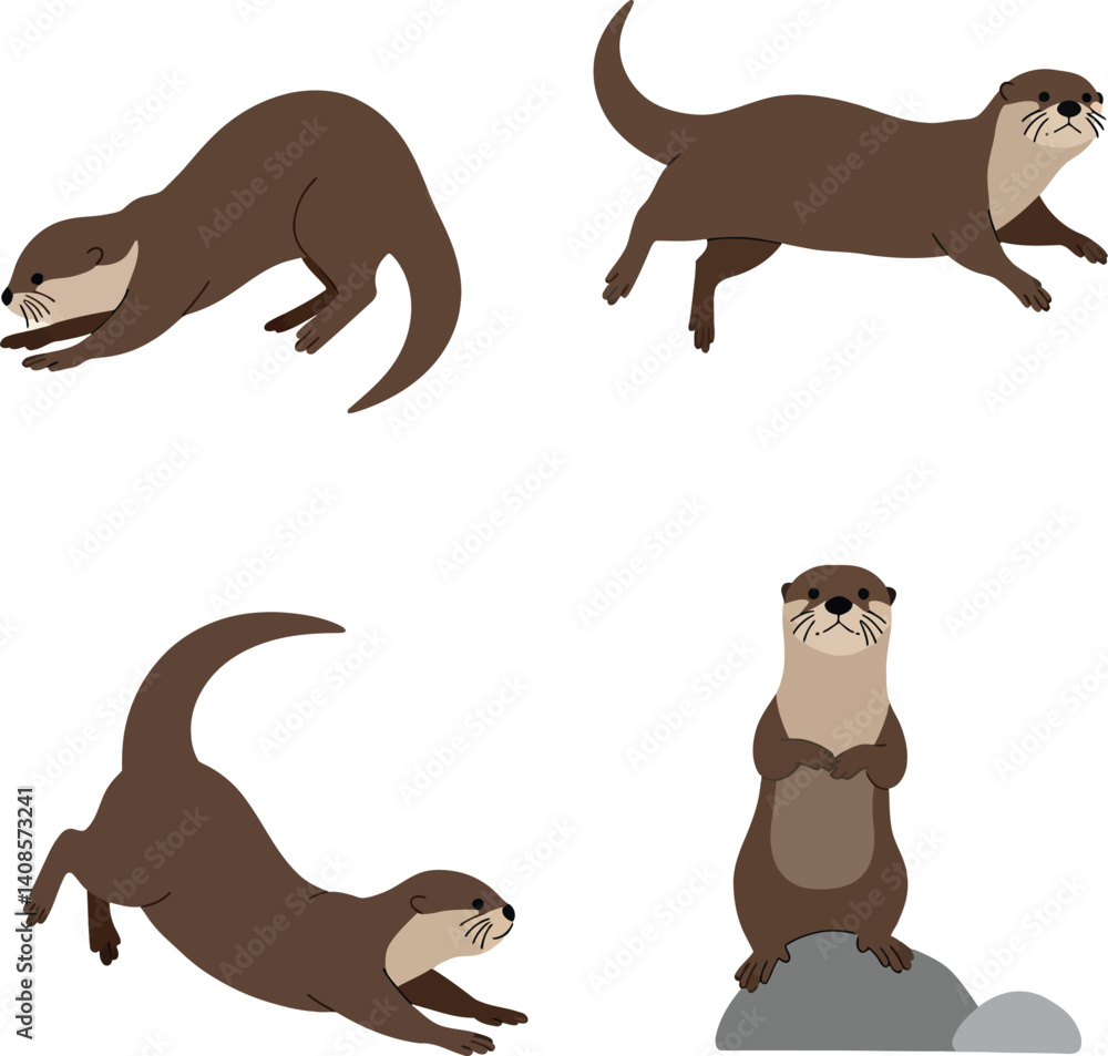 Poster playful otters in various poses with a flat design style showcasing their agility and charm in vecto