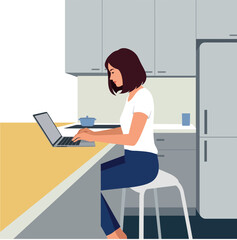 A woman working on a laptop in a modern kitchen, minimal design, vector art