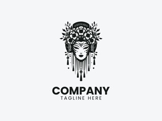 Geisha Mask Floral Hair Ornaments Tassels Vector Logo Design