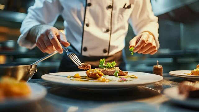 Chef meticulously plating a gourmet dish with precision and artistic flair in a restaurant