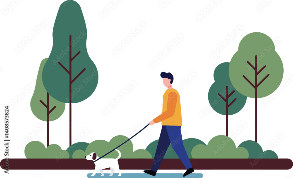 Poster a man walking a small dog on a path surrounded by trees in a flat vector illustration