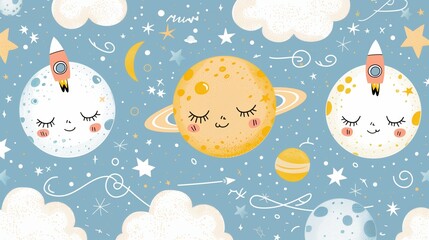 Colorful space illustration featuring cheerful planets, rockets, and clouds in a whimsical design