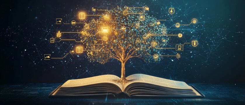 tree of knowledge growing from open book glowing branches filled with icons of learning representing lifelong education concept futuristic design with warm tones and digital accents