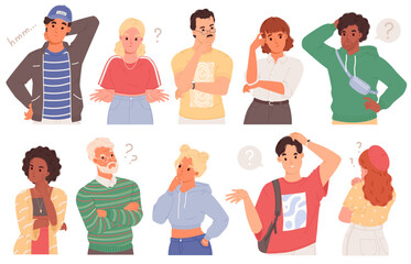 Set of vector illustrations of different thoughtful people. Collection of different men and women thinking or making decisions. Puzzled, surprised emotions of people isolated on white background.