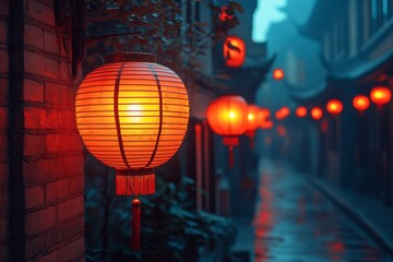 Traditional red Chinese lanterns glowing in dark street during festival night