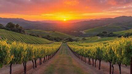Naklejka premium Sunset Over Rolling Hills and Vineyards Landscape Photography Nature Scenery Golden Hour Lig