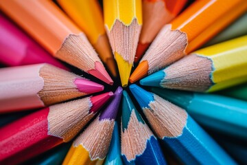 Close up of colorful sharpened pencils arranged in a circular pattern