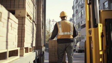 Laborer unloading bricks from a construction truck. Featuring hard work and coordination