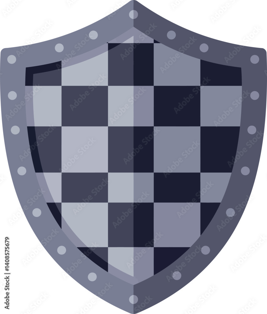 Poster shield design featuring a checkered pattern in shades of grey, flat style vector art