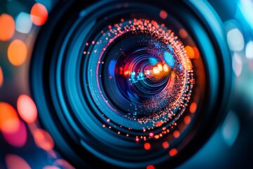 Macro image of a futuristic camera lens with colorful reflections