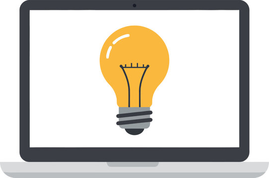 Laptop displaying a bright yellow light bulb in a flat design vector illustration