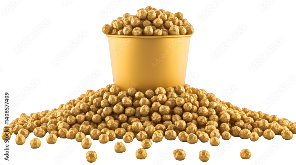 Poster golden popcorn bucket and heap isolated on transparent background