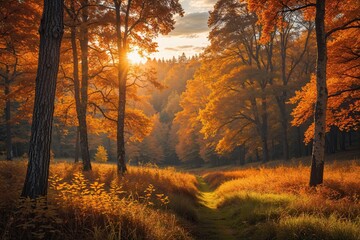 Fototapeta premium Autumn Forest Landscape with Sunlight and Vibrant Green Trees