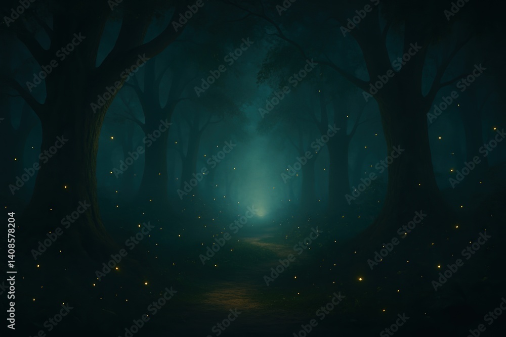 Poster enchanted forest path illuminated by fireflies in mystical nighttime atmosphere perfect for fantasy 