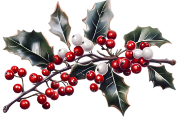 Holly Berry Branch Illustration with Red and White Berries and Green Leaves