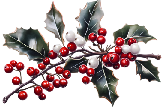 Holly Berry Branch Illustration with Red and White Berries and Green Leaves