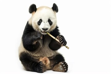 Naklejka premium Panda bear sitting eating bamboo soft fur texture high quality lighting on a white background isolated wildlife photography