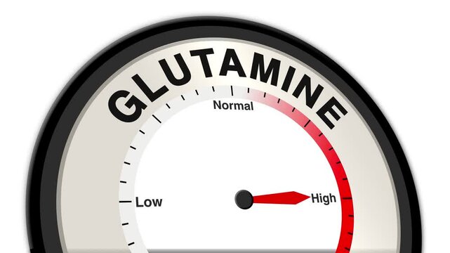 Glutamine text with a barometer or tachometer-style gauge, illustrating varying levels of glutamine in the body and its impact on health and performance