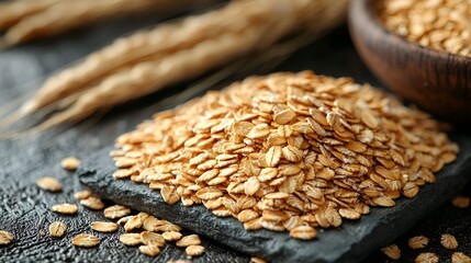 Obraz premium Rolled Oats Pile on Dark Surface with Wheat