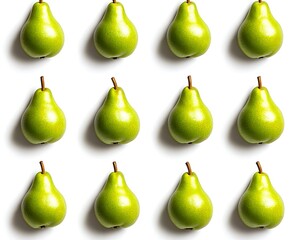 Fresh Green Pears Arranged in a Symmetrical Pattern on White Background