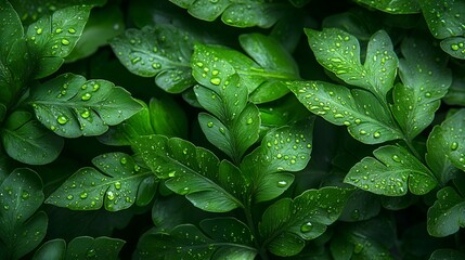 Fototapeta premium Dew-kissed fern leaves, lush garden backdrop