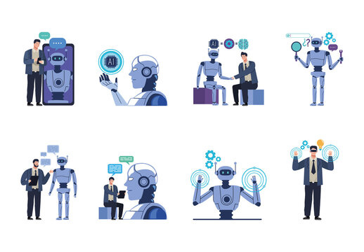 Colorful Innovative Human Robot Interaction Concept Icons Set