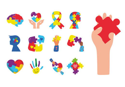 Colorful Puzzle Symbol Awareness Autism Support Icons Set