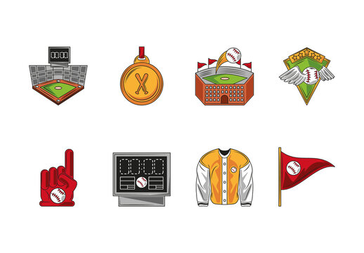 Colorful Baseball Stadium Scoreboard And Champion Icons Set