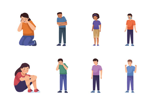 Colorful Flat Depressed Characters Emotional Expression Illustration Set