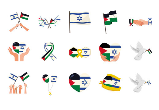 Colorful Peace Doves Flags Hands Symbols Icons Set