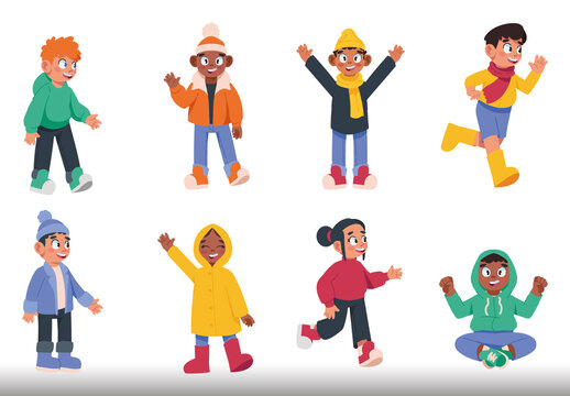 Colorful Happy Children Autumn Outfit Illustration Set