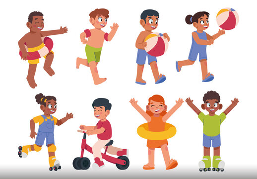 Colorful Active Kids Playing Outdoors Illustration Set