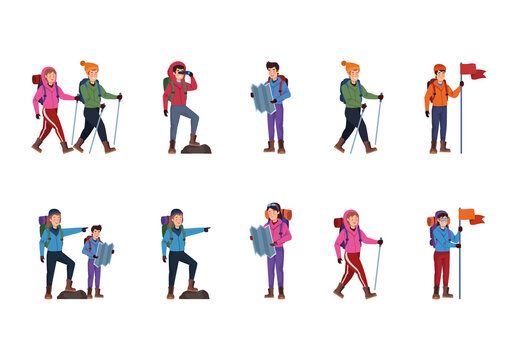 Colorful Adventurous Hikers Exploring Mountain Trail Illustration Set