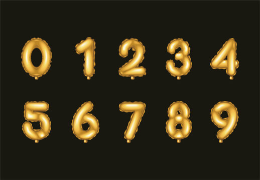 Golden Inflatable Number Party Balloons Icons Set