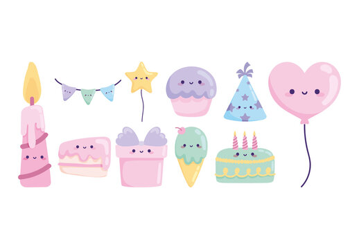Purple And Pink Birthday Celebration Kawaii Icons Set