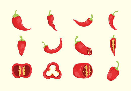 Red And Green Spicy Vegetable Chili Peppers Illustration Set