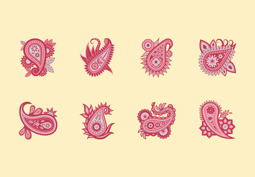 Pink And Red Decorative Paisley Floral Illustration Set