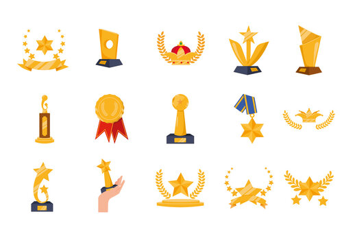 Yellow Stars And Ribbon Award Emblem Icons Set